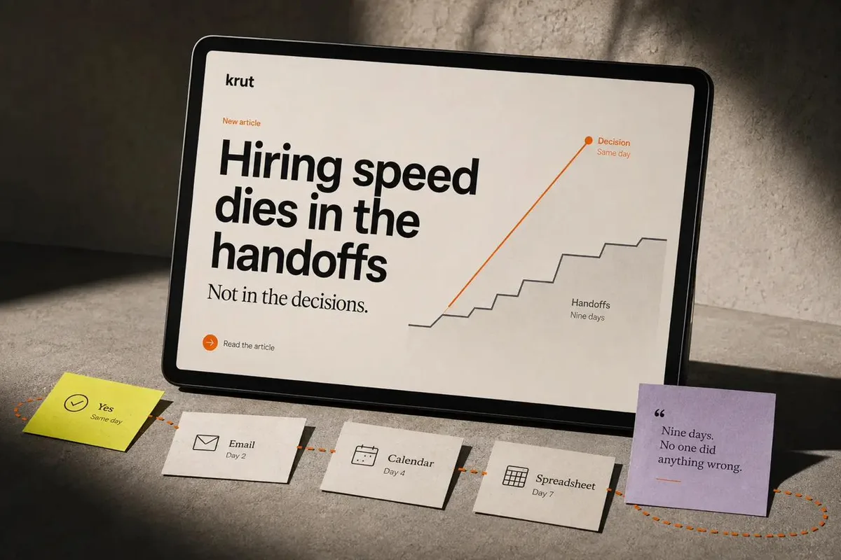 A tablet showing the headline "Hiring speed dies in the handoffs, not in the decisions", with paper cards on the desk marking a yes on day one, then email, calendar and spreadsheet handoffs across nine days.